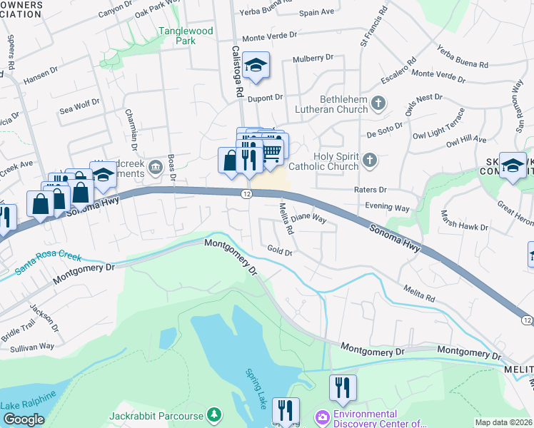 map of restaurants, bars, coffee shops, grocery stores, and more near 5210 California 12 in Santa Rosa