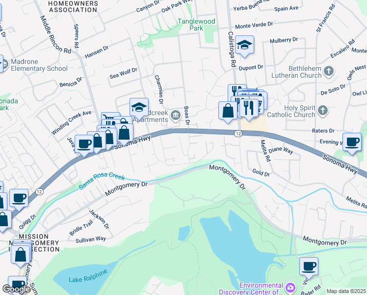 map of restaurants, bars, coffee shops, grocery stores, and more near 5090 California 12 in Santa Rosa