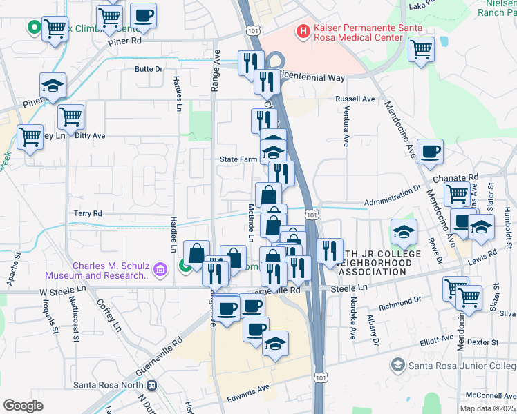 map of restaurants, bars, coffee shops, grocery stores, and more near 2760 McBride Lane in Santa Rosa