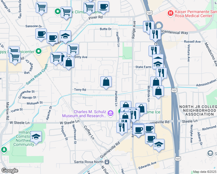 map of restaurants, bars, coffee shops, grocery stores, and more near 65 Estrella Drive in Santa Rosa