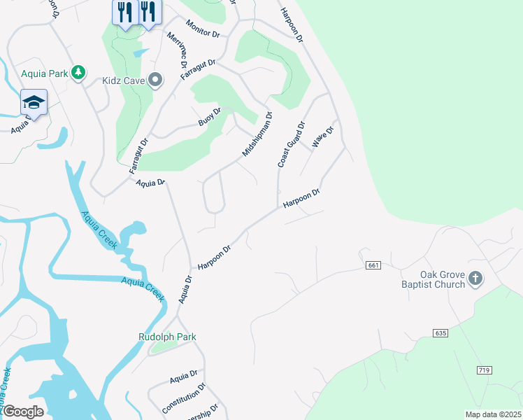 map of restaurants, bars, coffee shops, grocery stores, and more near 2437 Harpoon Drive in Stafford