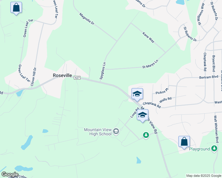 map of restaurants, bars, coffee shops, grocery stores, and more near 2199 Mountain View Road in Stafford