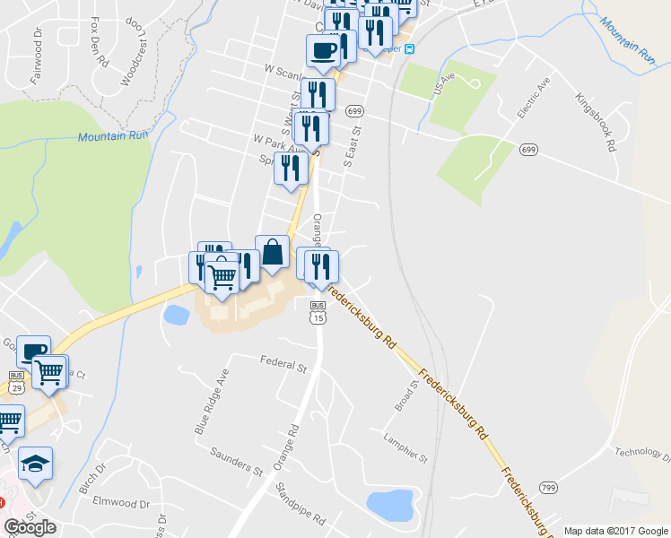 map of restaurants, bars, coffee shops, grocery stores, and more near 1319 Old Fredericksburg Road in Culpeper