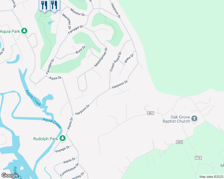 map of restaurants, bars, coffee shops, grocery stores, and more near 2444 Harpoon Drive in Stafford