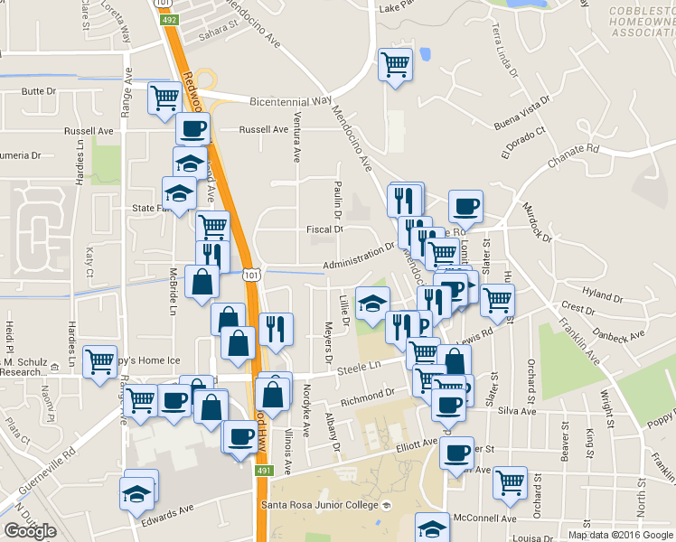 map of restaurants, bars, coffee shops, grocery stores, and more near 370 Administration Drive in Santa Rosa