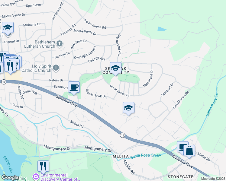 map of restaurants, bars, coffee shops, grocery stores, and more near 1485 Great Heron Drive in Santa Rosa