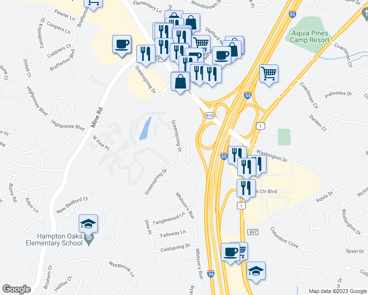 map of restaurants, bars, coffee shops, grocery stores, and more near 507 Cross Ridge Court in Stafford