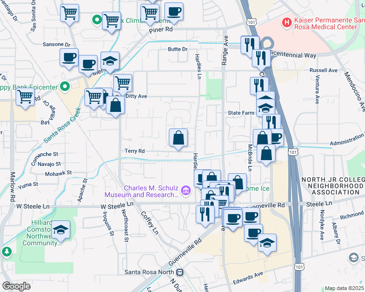 map of restaurants, bars, coffee shops, grocery stores, and more near 65 Estrella Drive in Santa Rosa