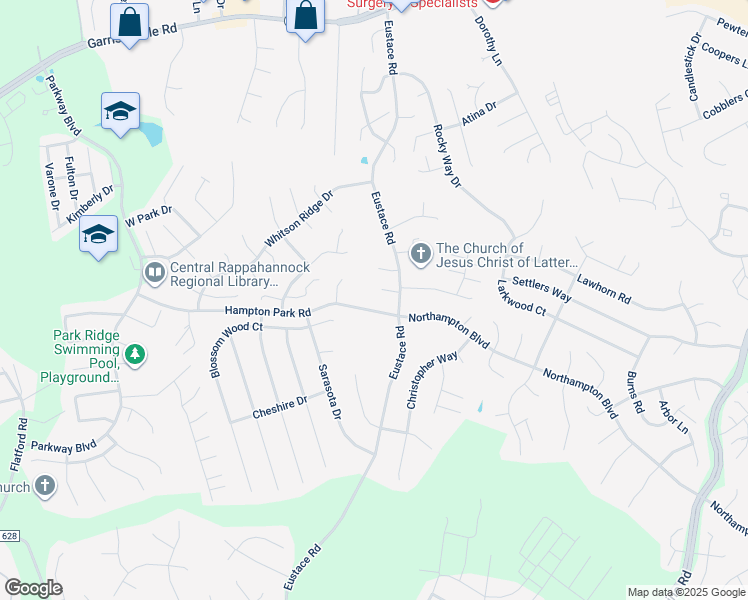 map of restaurants, bars, coffee shops, grocery stores, and more near 10 Hampton Park Road in Stafford