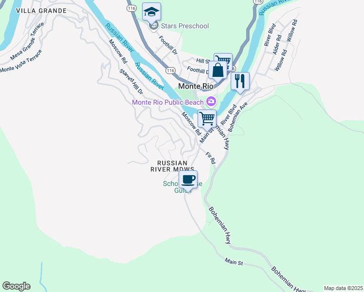 map of restaurants, bars, coffee shops, grocery stores, and more near 21476 Rio Vista Terrace in Monte Rio