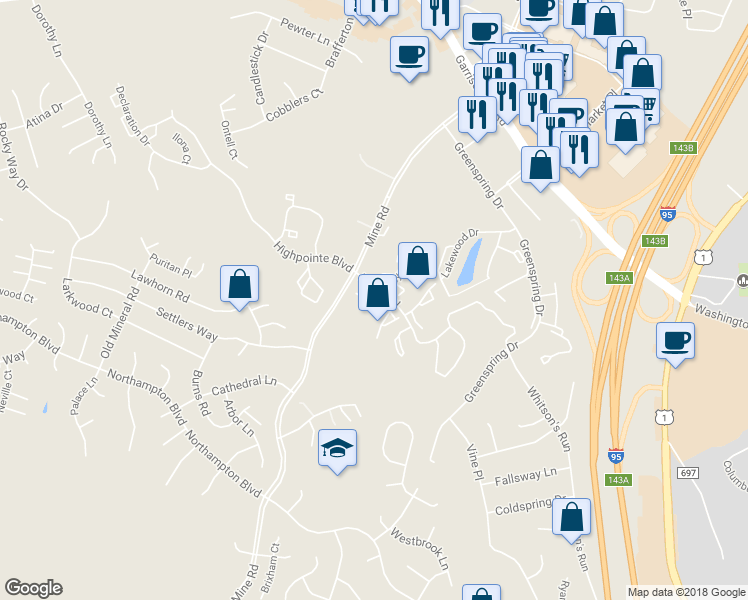 map of restaurants, bars, coffee shops, grocery stores, and more near 103 Bentley Court in Stafford