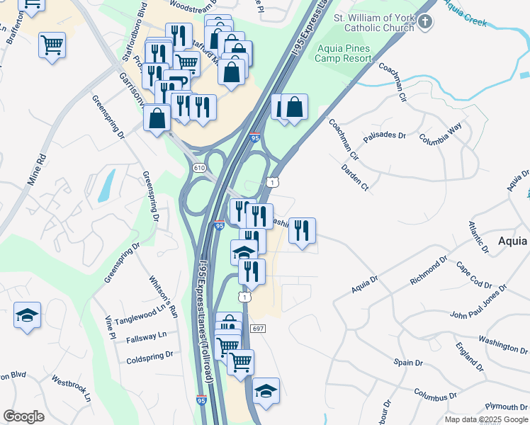 map of restaurants, bars, coffee shops, grocery stores, and more near 38 Washington and Lee Boulevard in Stafford