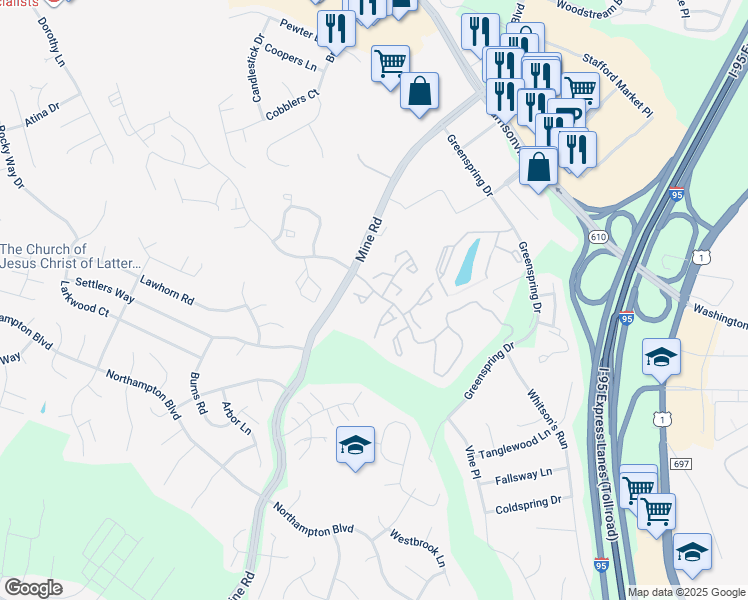 map of restaurants, bars, coffee shops, grocery stores, and more near 101 Bentley Court in Stafford