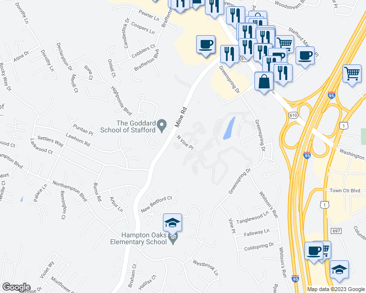 map of restaurants, bars, coffee shops, grocery stores, and more near 101 Bentley Court in Stafford