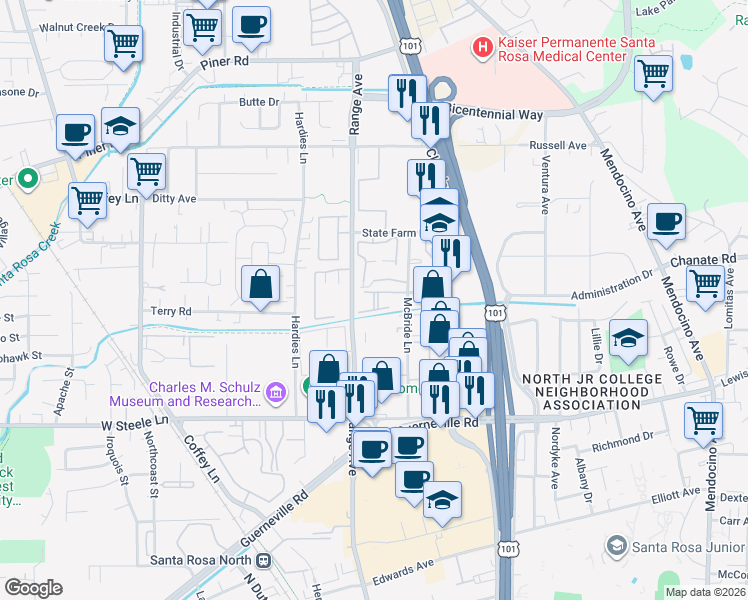 map of restaurants, bars, coffee shops, grocery stores, and more near 2601 McBride Lane in Santa Rosa