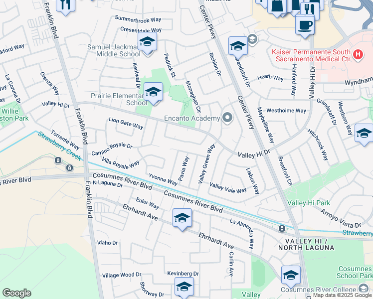 map of restaurants, bars, coffee shops, grocery stores, and more near 5445 Yvette Way in Sacramento