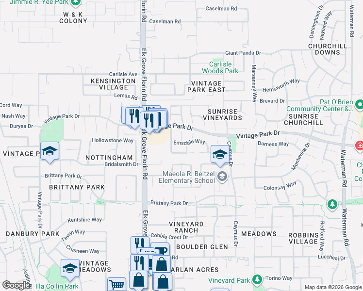 map of restaurants, bars, coffee shops, grocery stores, and more near 8063 Arcona Court in Sacramento