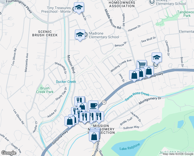 map of restaurants, bars, coffee shops, grocery stores, and more near 320 Hansbery Way in Santa Rosa