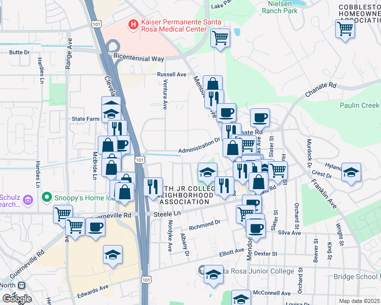 map of restaurants, bars, coffee shops, grocery stores, and more near 370 Administration Drive in Santa Rosa