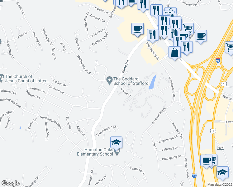 map of restaurants, bars, coffee shops, grocery stores, and more near 309 Bentley Court in Stafford