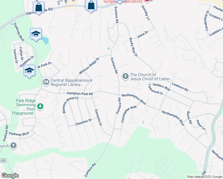 map of restaurants, bars, coffee shops, grocery stores, and more near 10 Hampton Park Road in Stafford