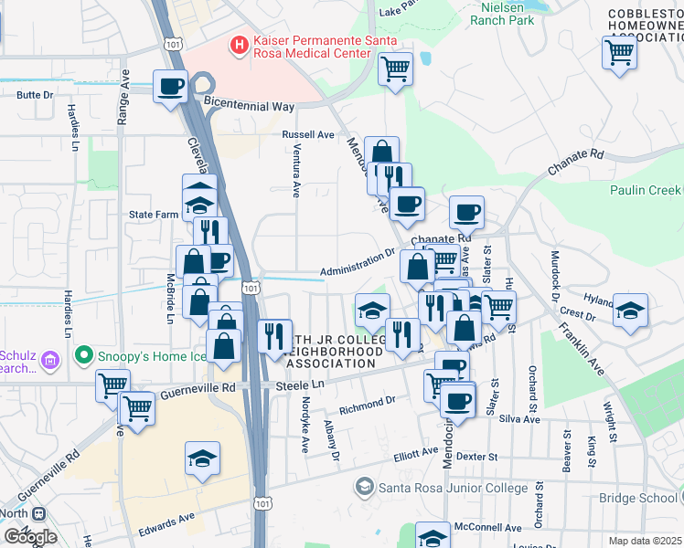 map of restaurants, bars, coffee shops, grocery stores, and more near 370 Administration Drive in Santa Rosa