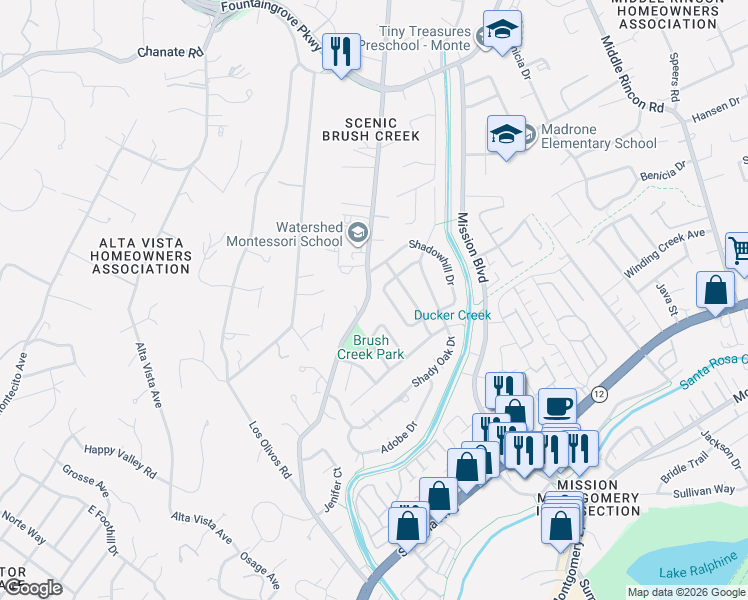 map of restaurants, bars, coffee shops, grocery stores, and more near 1149 Lanewood Way in Santa Rosa