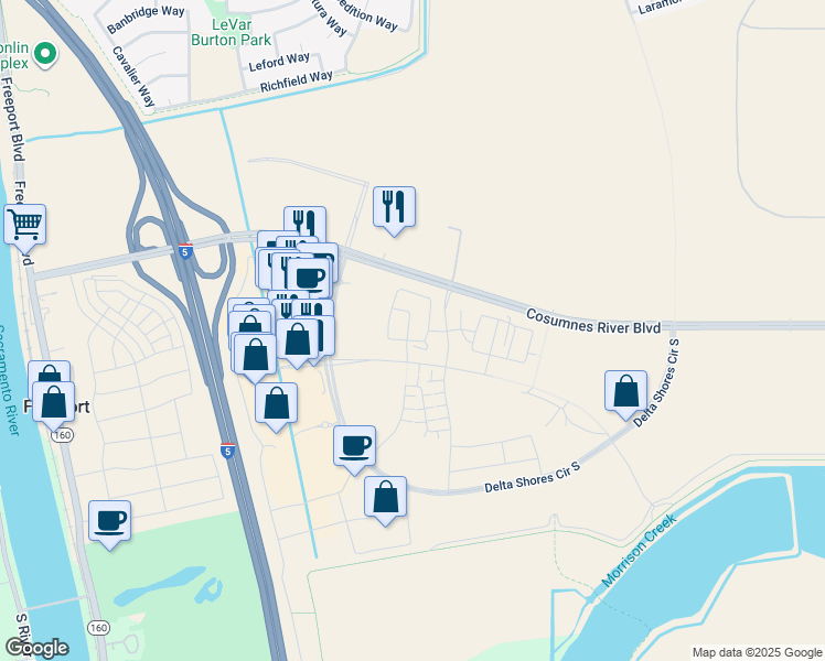 map of restaurants, bars, coffee shops, grocery stores, and more near 8133 Vessel Way in Sacramento