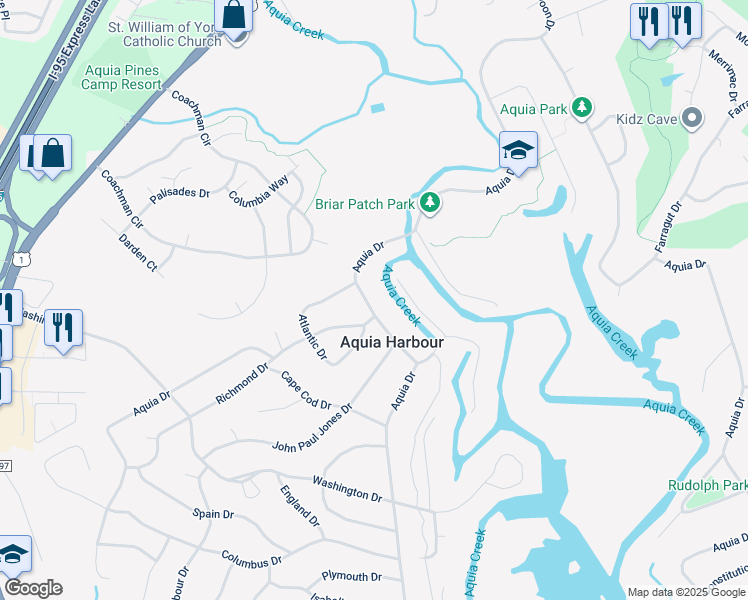 map of restaurants, bars, coffee shops, grocery stores, and more near 1423 Aquia Drive in Stafford