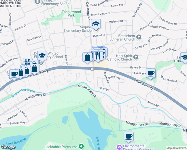 map of restaurants, bars, coffee shops, grocery stores, and more near Calistoga Rd & Firestone Pl in Santa Rosa