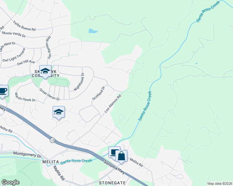map of restaurants, bars, coffee shops, grocery stores, and more near 676 Scotland Court in Santa Rosa