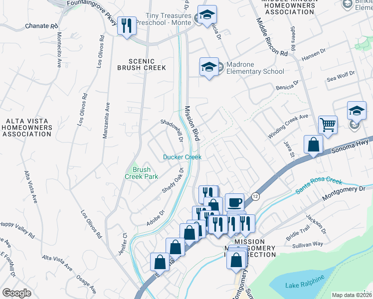 map of restaurants, bars, coffee shops, grocery stores, and more near 4031 Shadowhill Drive in Santa Rosa