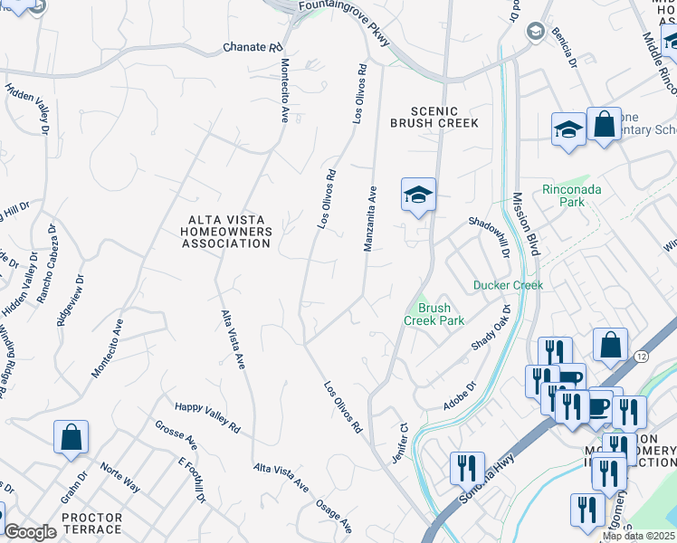 map of restaurants, bars, coffee shops, grocery stores, and more near 1560 Briarfield Place in Santa Rosa