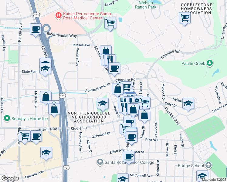 map of restaurants, bars, coffee shops, grocery stores, and more near 2425 Mendocino Avenue in Santa Rosa