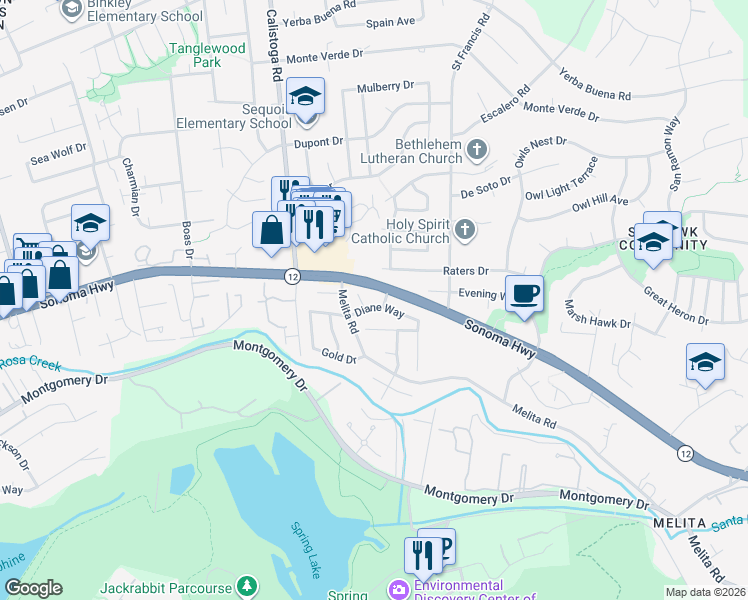 map of restaurants, bars, coffee shops, grocery stores, and more near 5413 Diane Way in Santa Rosa