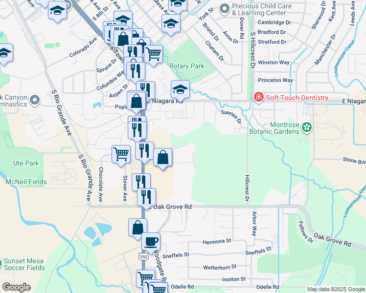 map of restaurants, bars, coffee shops, grocery stores, and more near 1600 Church Street in Montrose