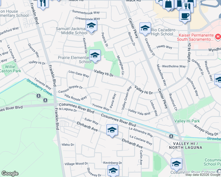 map of restaurants, bars, coffee shops, grocery stores, and more near 5420 Meadow Park Way in Sacramento
