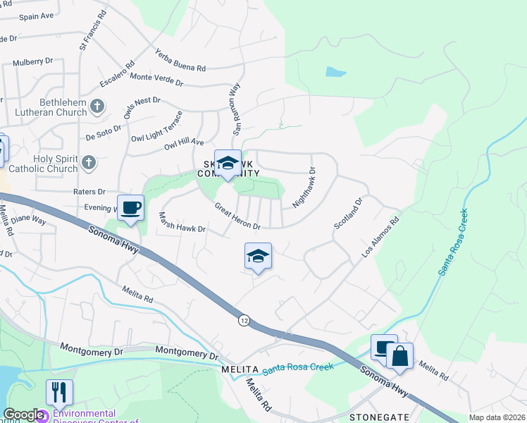 map of restaurants, bars, coffee shops, grocery stores, and more near 1424 Twilight Way in Santa Rosa