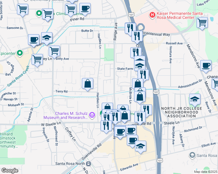 map of restaurants, bars, coffee shops, grocery stores, and more near 2605 Range Avenue in Santa Rosa
