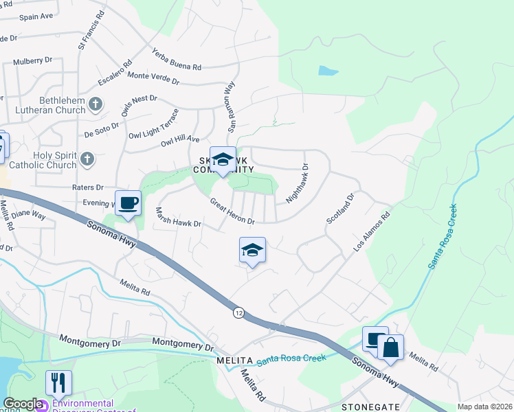 map of restaurants, bars, coffee shops, grocery stores, and more near 1424 Twilight Way in Santa Rosa