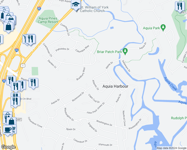 map of restaurants, bars, coffee shops, grocery stores, and more near 1015 Atlantic Drive in Stafford