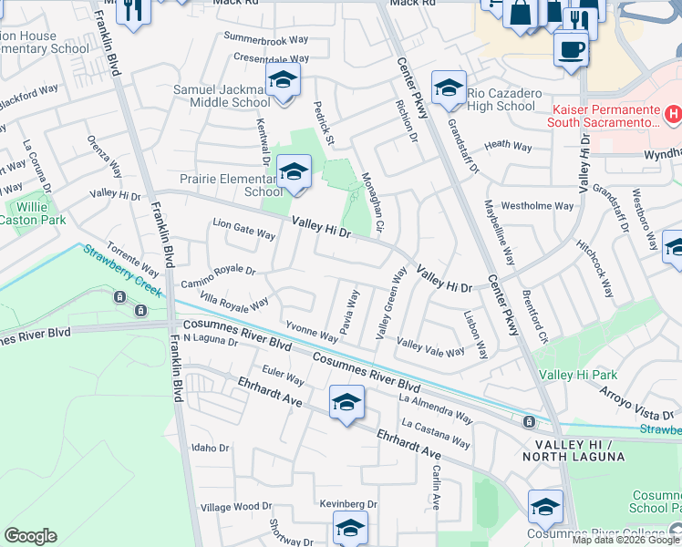 map of restaurants, bars, coffee shops, grocery stores, and more near 5420 Meadow Park Way in Sacramento