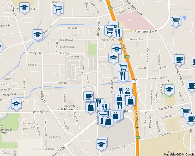 map of restaurants, bars, coffee shops, grocery stores, and more near 2605 Range Avenue in Santa Rosa