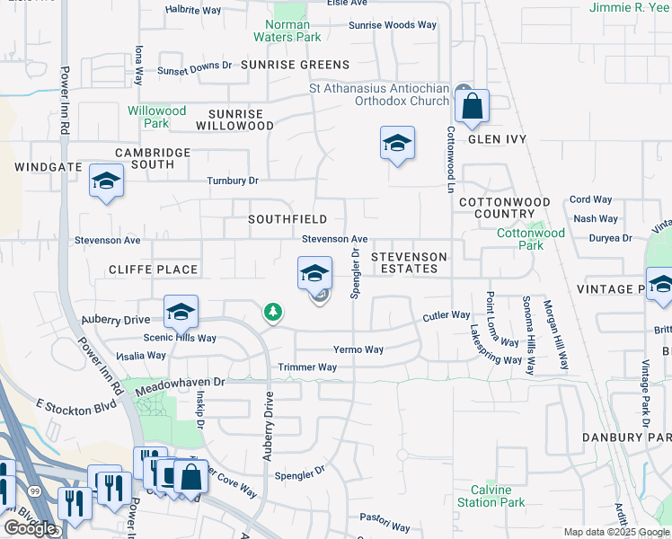 map of restaurants, bars, coffee shops, grocery stores, and more near 8363 Wheatland Drive in Sacramento