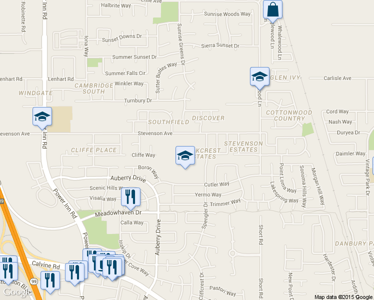 map of restaurants, bars, coffee shops, grocery stores, and more near 8363 Wheatland Drive in Sacramento