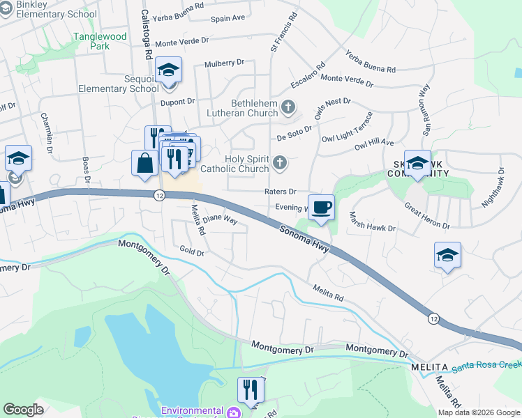 map of restaurants, bars, coffee shops, grocery stores, and more near 5685 Evening Way in Santa Rosa