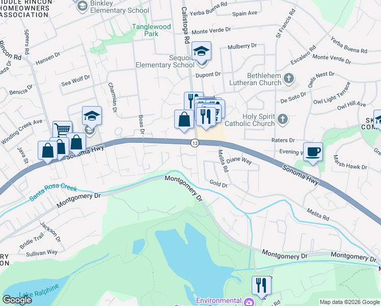 map of restaurants, bars, coffee shops, grocery stores, and more near 5198 California 12 in Santa Rosa