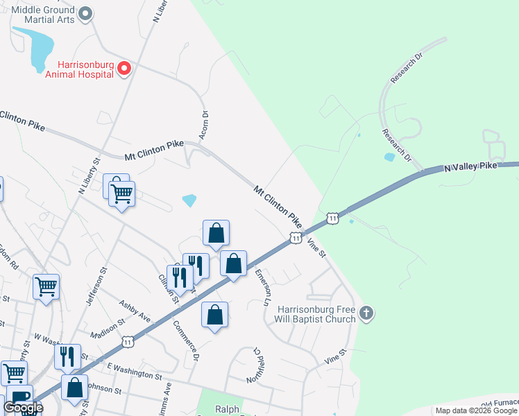 map of restaurants, bars, coffee shops, grocery stores, and more near 98 Wilson Avenue in Harrisonburg