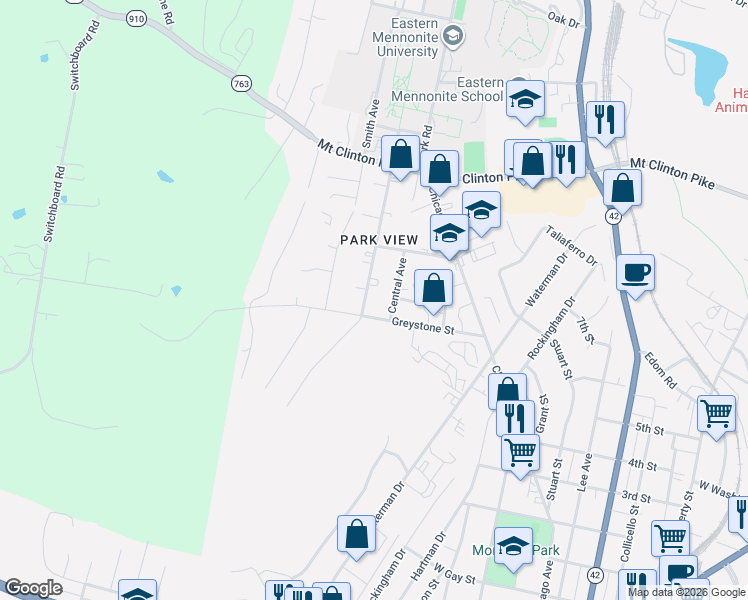 map of restaurants, bars, coffee shops, grocery stores, and more near 948 College Avenue in Harrisonburg