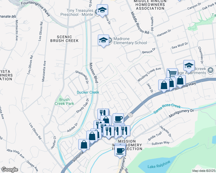 map of restaurants, bars, coffee shops, grocery stores, and more near 108 Cardinal Way in Santa Rosa